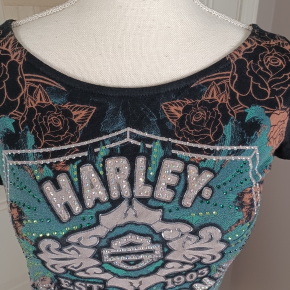 Harley Davidson Rose Wing Tee XS Black -Lace Back -Rhinestone Embellished - Picture 5 of 10